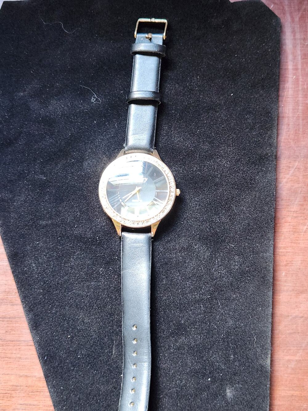 Ashley Princess Gold Tone Watch Rhinestone Bezel Black Dial Leather Strap